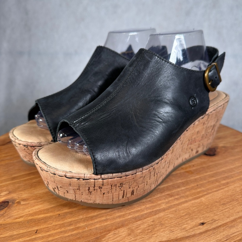 Born Wedge Sandals Womens 10 Black Good Leather Cork Platform Slingback F44